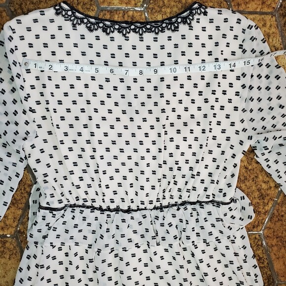 Max Studio Polka Dot Peplum V Neck Ruffle Dress Lace Trim Elastic Waist Sz L - Picture 12 of 13